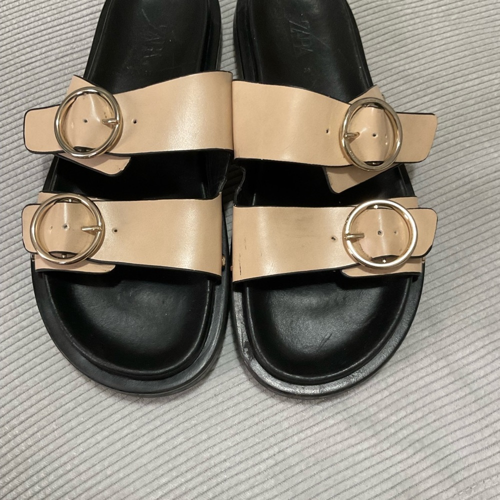 Stylish Tan Sandals with Gold Buckles